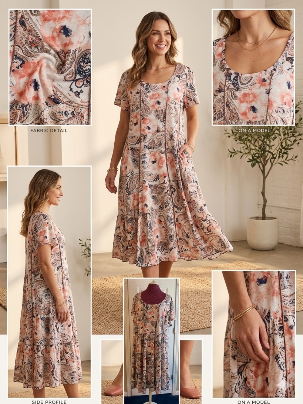 Sami & Jo Plus 26/28 Midi Scoop-Neck Dress in Peach Floral Paisley Event Wear